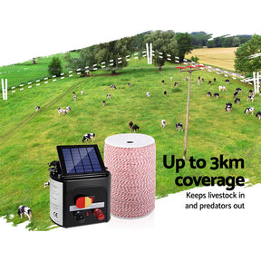 Giantz 3km Solar Electric Fence Energiser Charger with 400M Tape and 25pcs Insulators