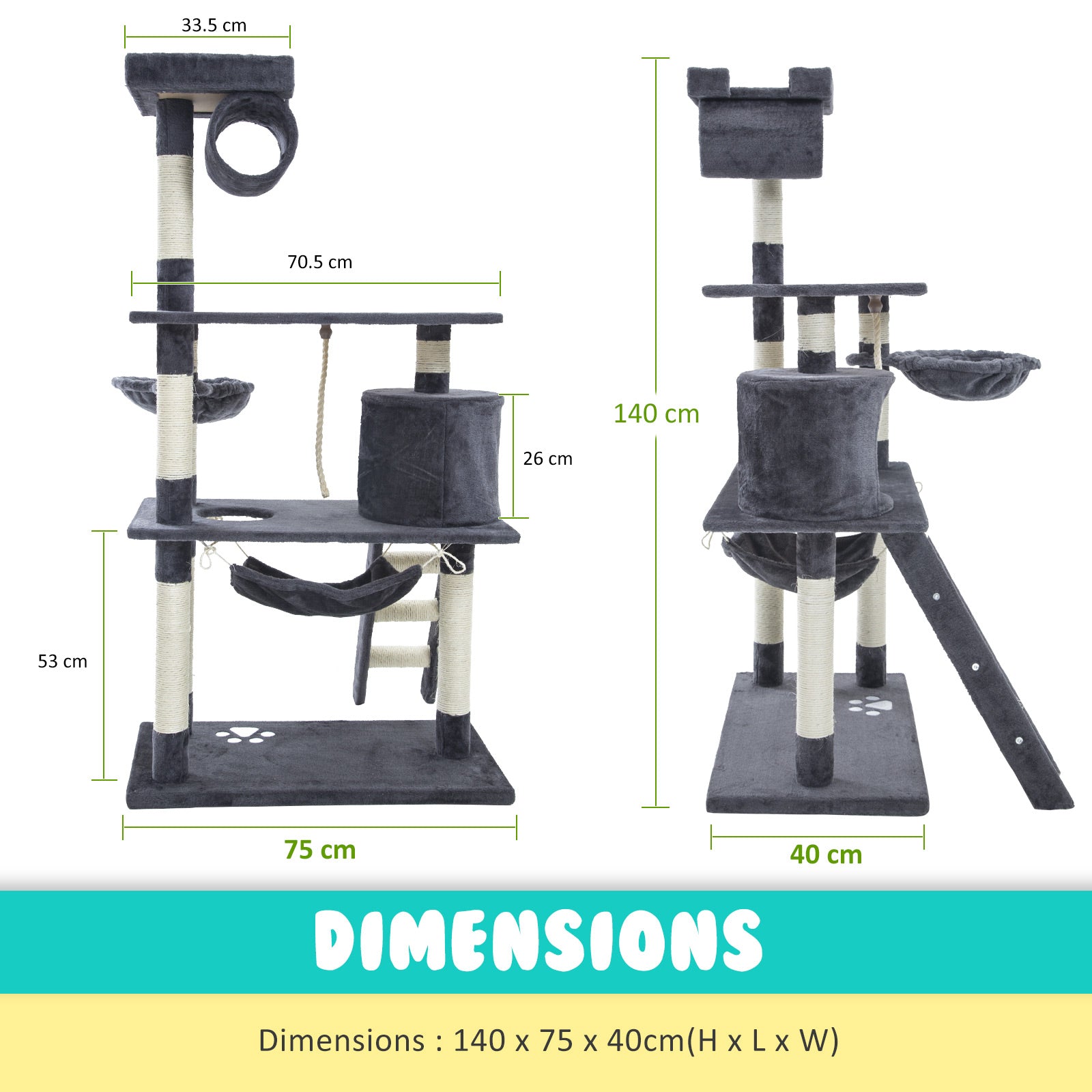 Cat Tree Multi Level Scratcher MAPLE 140cm GREY