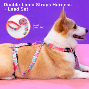 Dog Double-Lined Straps Harness and Lead Set Leash Adjustable L MARBLE PINK