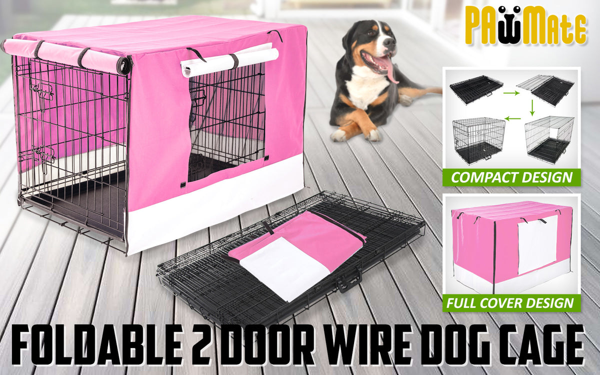 Wire Dog Cage Foldable Crate Kennel 30in with Tray + PINK Cover Combo