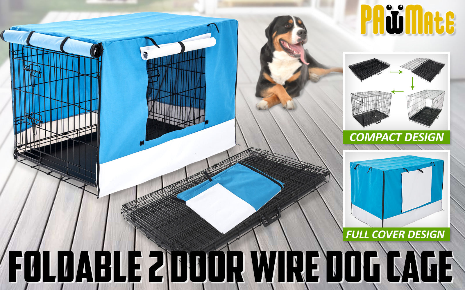 Wire Dog Cage Foldable Crate Kennel 48in with Tray + BLUE Cover Combo