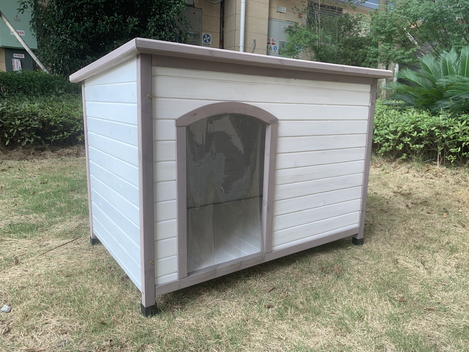 YES4PETS L Timber Pet Dog Kennel House Puppy Wooden Timber Cabin With Stripe White